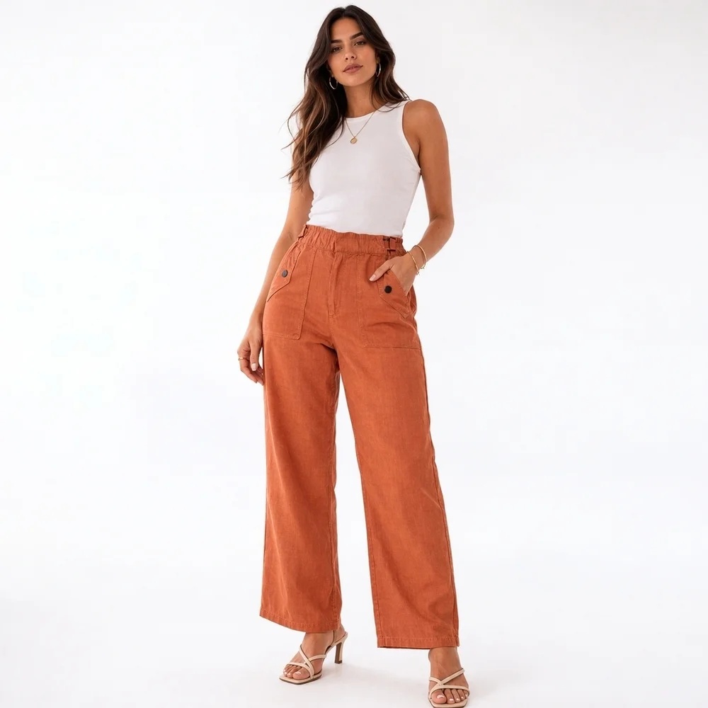 Athleta 100% Linen Pants Women Size 6 Orange Elastic Waist Lightweight Summer - Picture 1 of 10